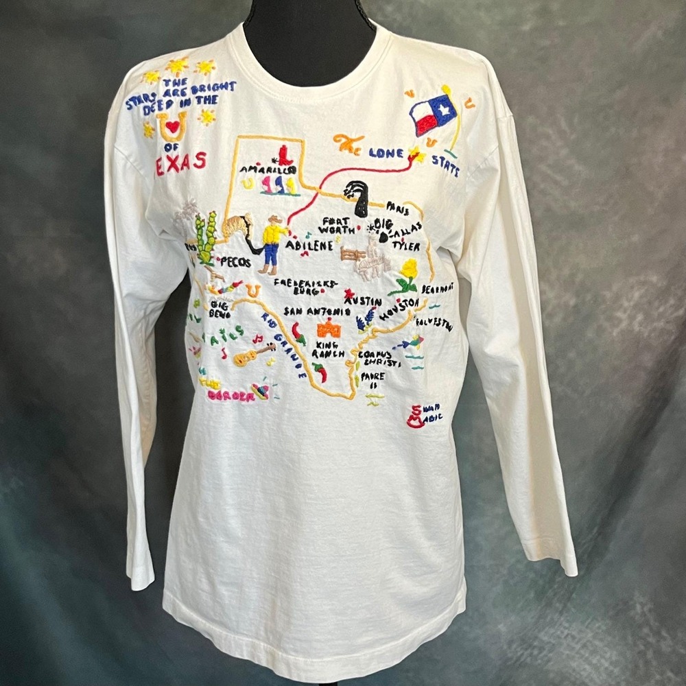 Swan Magic Vintage 90s Texas Map Embroidered Long Sleeve T‎ Shirt Women's Small